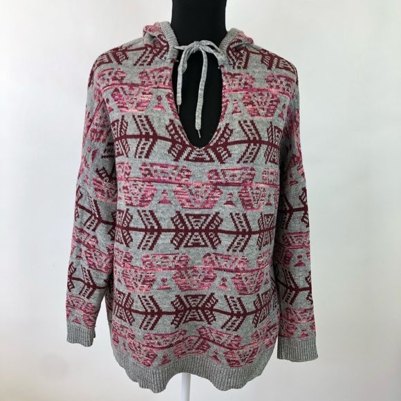 American Eagle Outfitters Sweaters - American Eagle Tribal Baja Hoodie Sweater Pullover Boxy Cotton Gray Red XL Boho